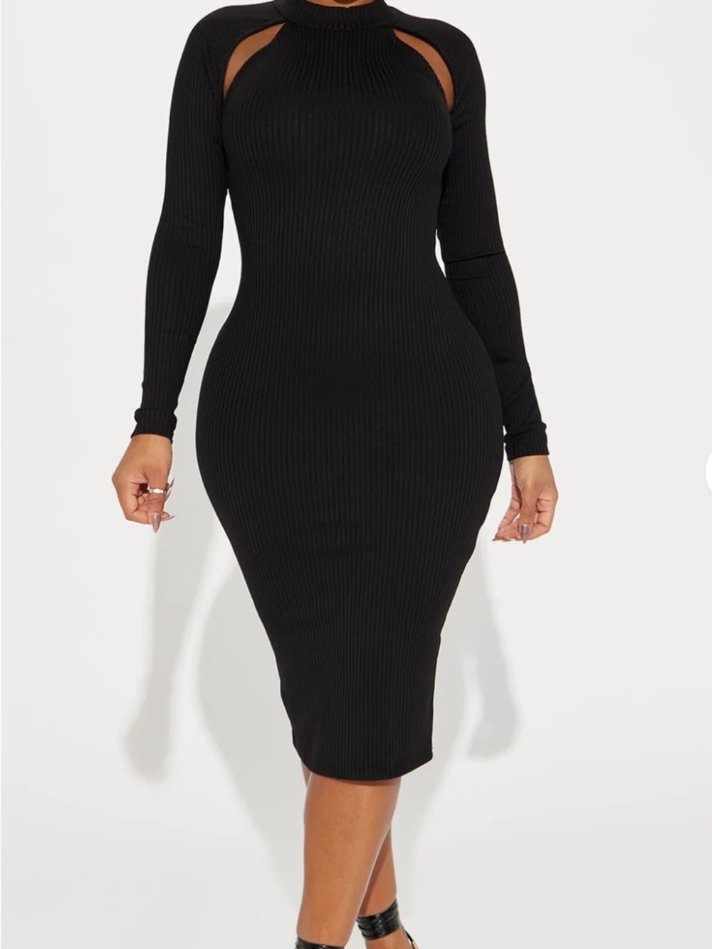 Fashion Nova Black Ribbed Cutout Midi Dress with Long Sleeves
